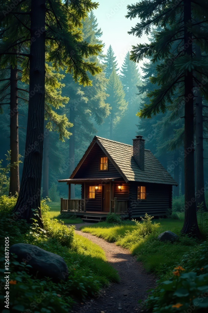 Secluded cabin, nestled amongst towering trees , architecture, real estate Secluded cabin, nestled amongst towering trees , architecture, real estate
