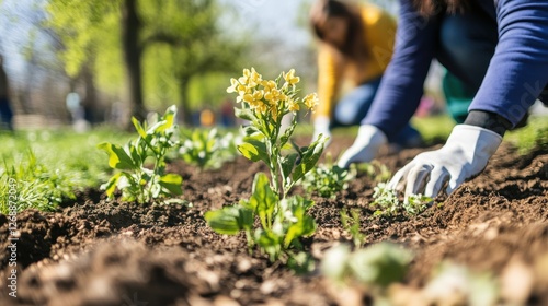 Volunteers engage in tree planting activity in a sunny park to enhance green spaces and support community efforts