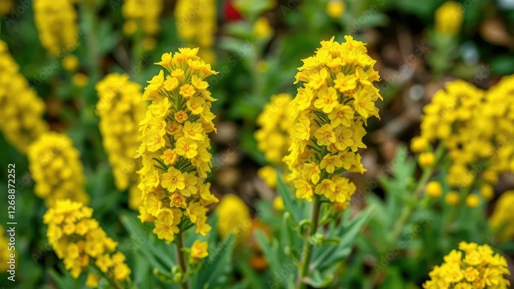 Yellow flowers in clusters on cypress spurge stems, yellow blooms, euphorbia, garden Yellow flowers in clusters on cypress spurge stems, yellow blooms, euphorbia, garden