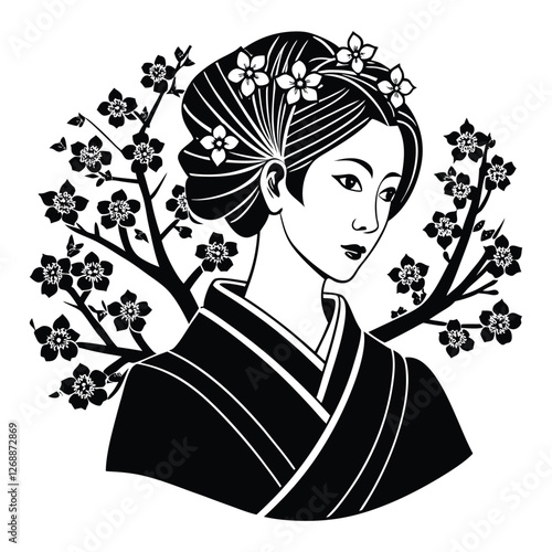 Graceful Japanese geisha in black and white with a bonsai tree, representing timeless beauty.