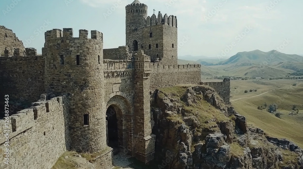 Ancient fortress gateway, mountaintop location, panoramic view, historical landmark Ancient fortress gateway, mountaintop location, panoramic view, historical landmark