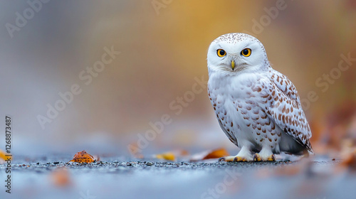 A beautiful snowy owl stands alert. Its piercing yellow eyes and speckled white plumage create a captivating image of nature's wonder. photo