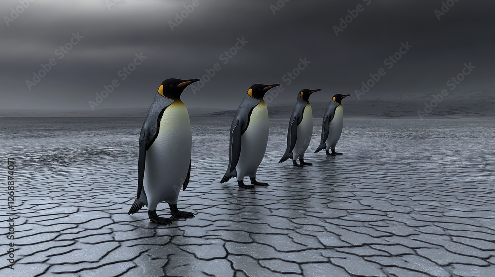 Fototapeta premium Four penguins standing on a cracked, barren landscape under a cloudy sky.