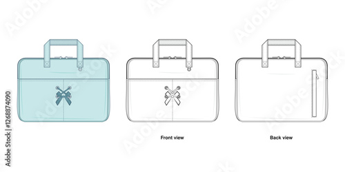 Kawaii laptop Sleeve Technical Fashion Illustration. Lightweight Tablet Case Vector Template. Front, side, and back View. Zipper Closure with Multi-Compartment Storage. CAD Mockup Set.
