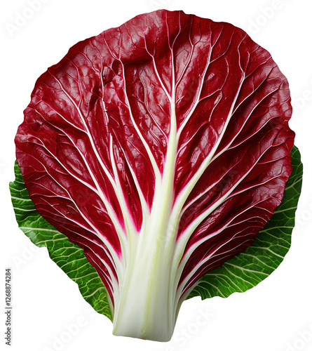 Close Up of a Vibrant Red Radicchio Leaf with White Veins and Green Edges on Transparent photo