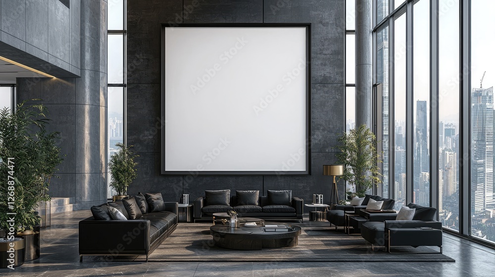 Fototapeta premium Modern Corporate Office Lounge with Large Blank Wall