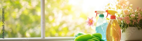 Window cleaning supplies near bright window, spring flowers photo