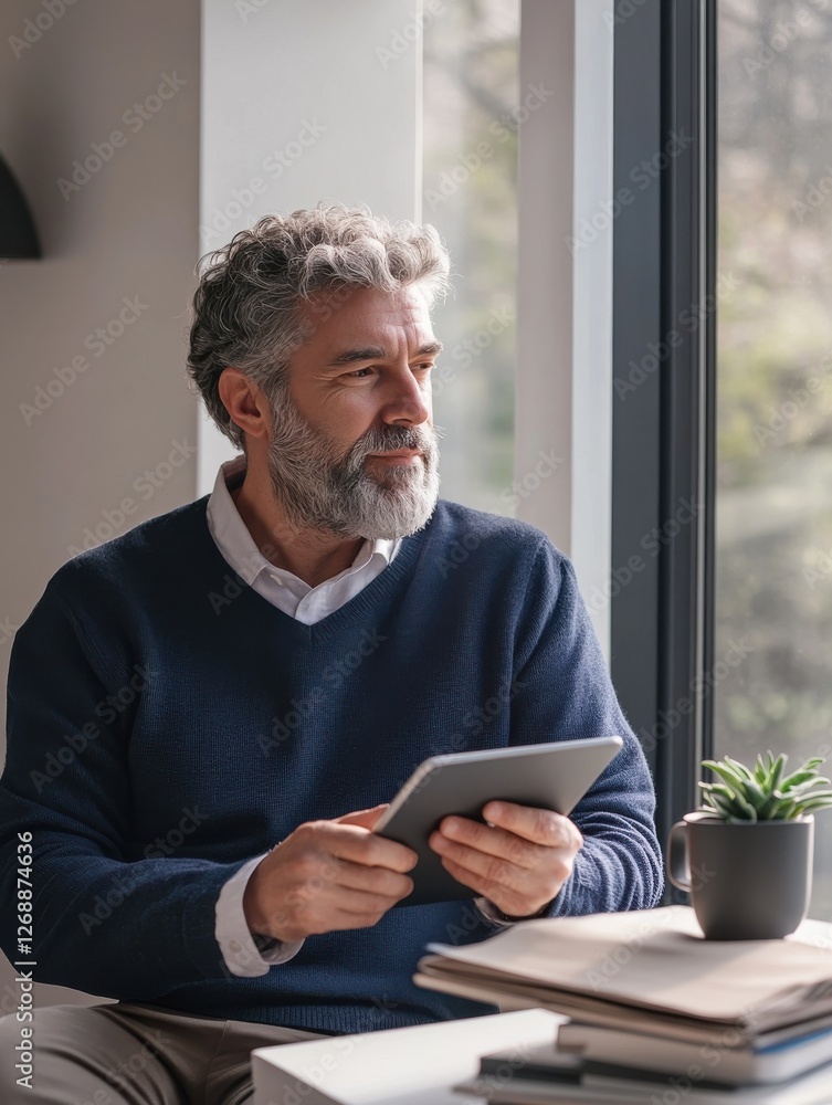 Serene indoor setting with a thoughtful man holding a tablet while enjoying natural light Serene indoor setting with a thoughtful man holding a tablet while enjoying natural light