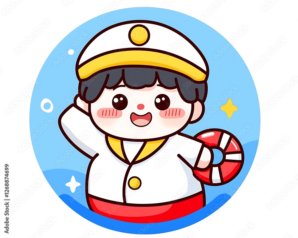 Cute Cartoon Sailor Character with Lifebuoy and Cheerful Smile Cute Cartoon Sailor Character with Lifebuoy and Cheerful Smile