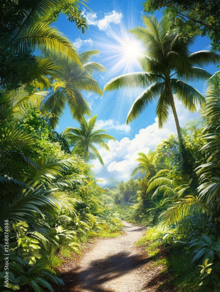 Tropical Paradise Path - Sunlit path winding through lush tropical foliage, palm trees, and vibrant green plants. Perfect for travel, vacation, or nature themes Tropical Paradise Path - Sunlit path winding through lush tropical foliage, palm trees, and vibrant green plants. Perfect for travel, vacation, or nature themes