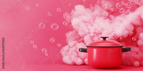 Bright red pot with bubbles against a pink background.