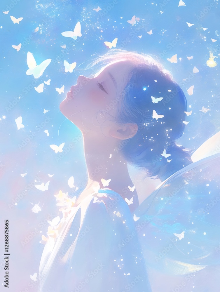 Girl, butterflies, sky, peace, fantasy, art, print Girl, butterflies, sky, peace, fantasy, art, print