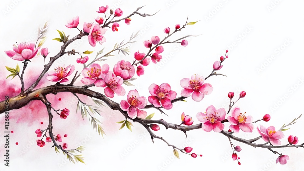 Delicate Cherry Blossom Branch Ink Painting, White Background, Spring Floral Art Delicate Cherry Blossom Branch Ink Painting, White Background, Spring Floral Art