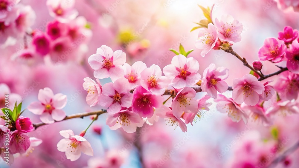 Delicate Spring Cherry Blossom Branch, Vibrant Pink Flowers, White Background - Stock Photo Delicate Spring Cherry Blossom Branch, Vibrant Pink Flowers, White Background - Stock Photo