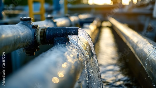 Industrial Water Distribution System in Operation, Close-Up View of Piping and Flowing Water