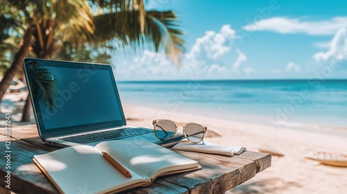 A beachside remote work scene with a laptop, notebook, and sunglasses on a rustic table