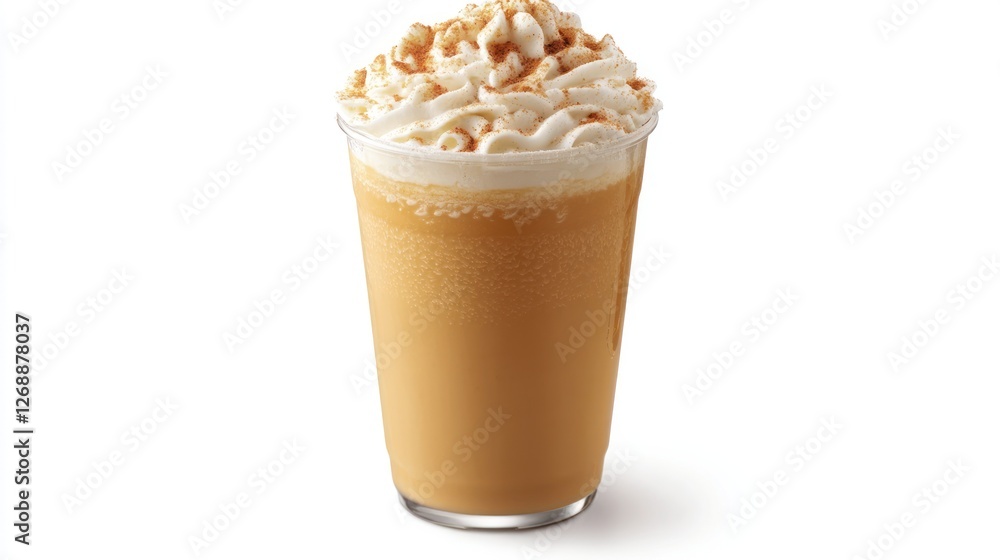 Iced pumpkin spice beverage with whipped cream and cinnamon topping in a clear plastic cup. Iced pumpkin spice beverage with whipped cream and cinnamon topping in a clear plastic cup.