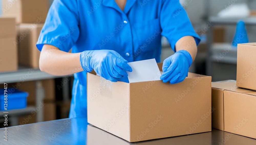 Worker Packing Box in Factory for Shipping, with boxes and shelves visible Worker Packing Box in Factory for Shipping, with boxes and shelves visible