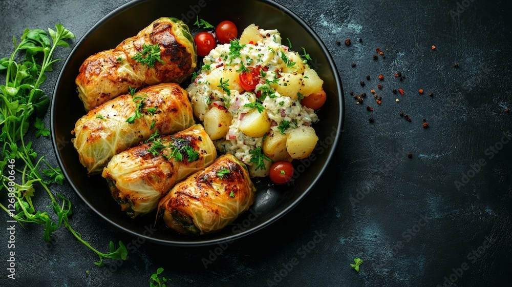 A delicious plate featuring stuffed cabbage rolls and a potato salad with cherry tomatoes. A delicious plate featuring stuffed cabbage rolls and a potato salad with cherry tomatoes.