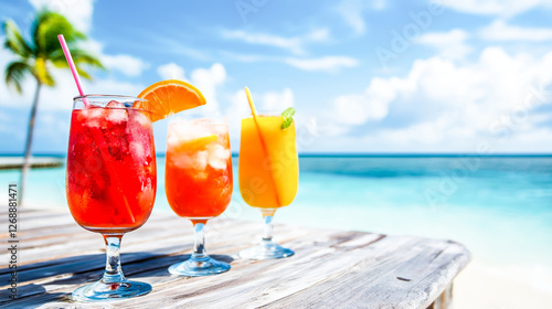 Wallpaper Mural Tropical cocktails on beach table with sea in background. Summer vacation. Torontodigital.ca