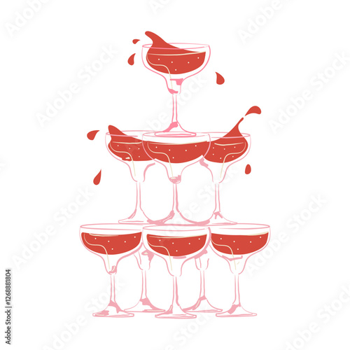 Red cocktails or wine in festive glasses with splashes. A tower of glasses. Drinks for weddings, bachelorette parties, Christmas, party, birthday,Valentine's day, menu. Vector illustration. Isolated