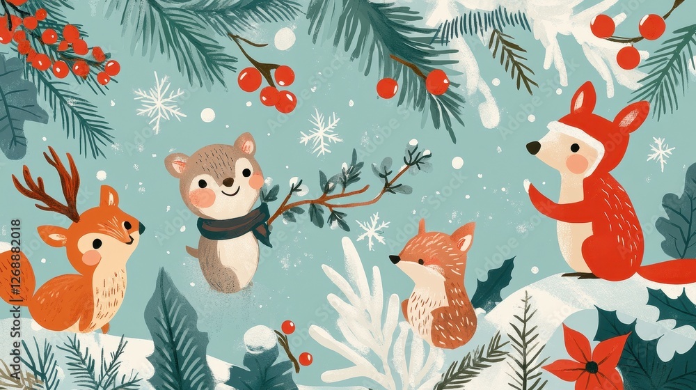 Naklejka premium Cute animals gather in a whimsical winter wonderland scene