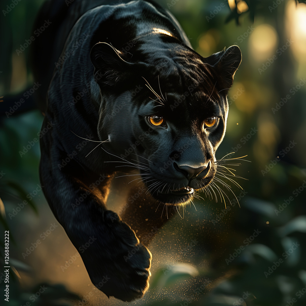 Majestic black panther mid-stride, golden morning