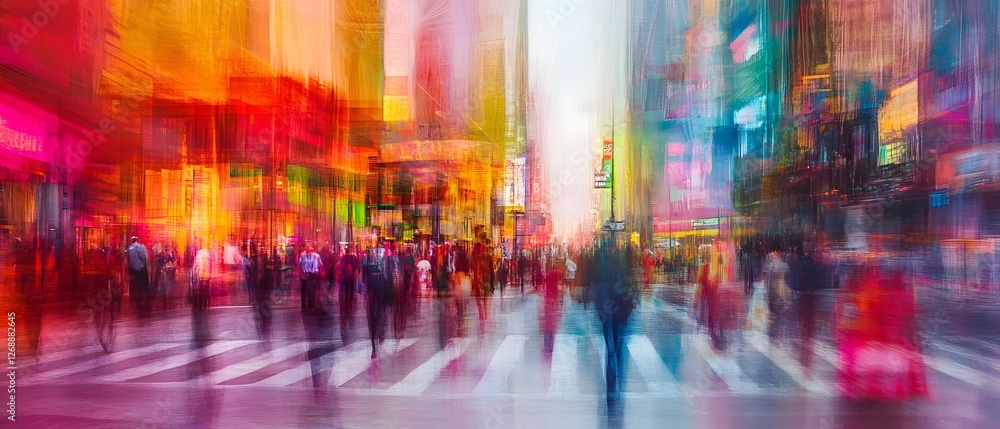 Blurred motion and colorful lights capture the energy and hustle of a bustling city at night Crowds of people traffic Blurred motion and colorful lights capture the energy and hustle of a bustling city at night Crowds of people traffic