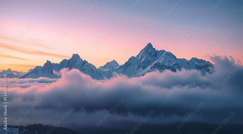 Obraz premium Dramatic Mountain Peaks Emerging from Clouds at Dusk in a High Altitude Landscape