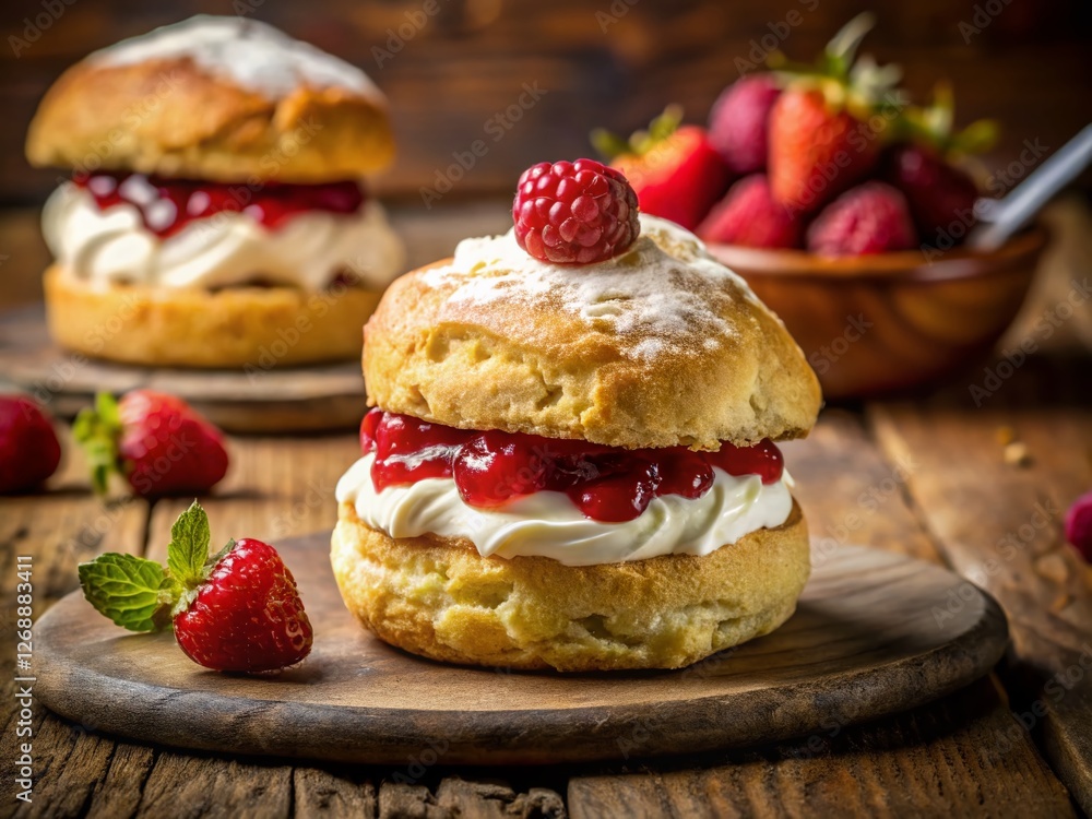 Delicious Homemade Raspberry Scone with Cream Close-Up - Stock Photo Delicious Homemade Raspberry Scone with Cream Close-Up - Stock Photo