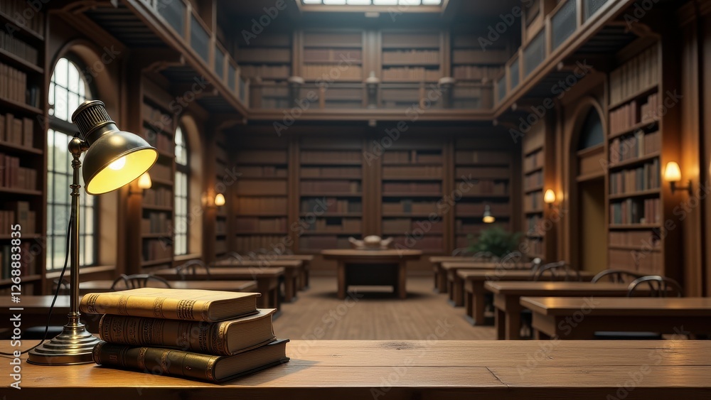 Obraz premium College brochures, Library with books and lamp reading nooks and bookshelves in background photorealistic
