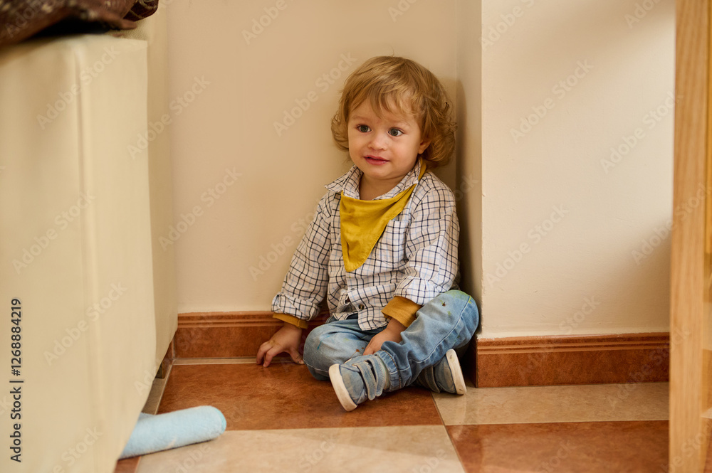 Adorable Young Child Seated in a Cozy Indoor Corner Wearing a Yellow Bandana and Casual Clothes Adorable Young Child Seated in a Cozy Indoor Corner Wearing a Yellow Bandana and Casual Clothes