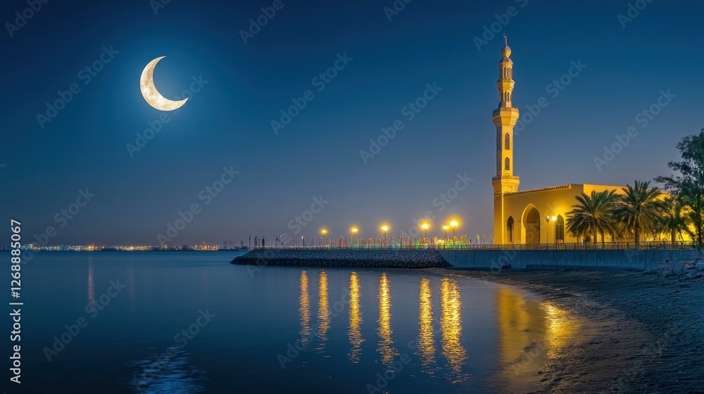 Illuminated mosque by the sea at night, crescent moon. Illuminated mosque by the sea at night, crescent moon.
