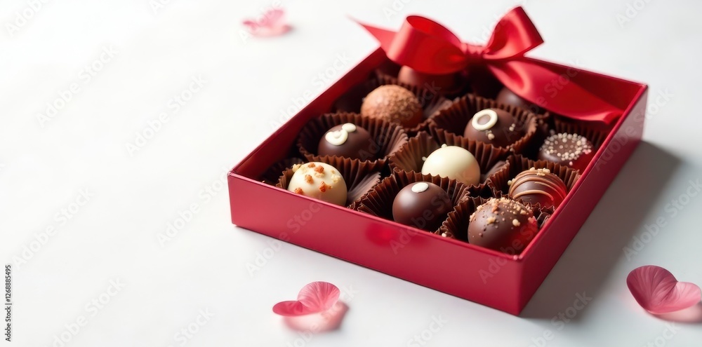 Assorted chocolates in elegant gift box, white background, delicious, brown Assorted chocolates in elegant gift box, white background, delicious, brown