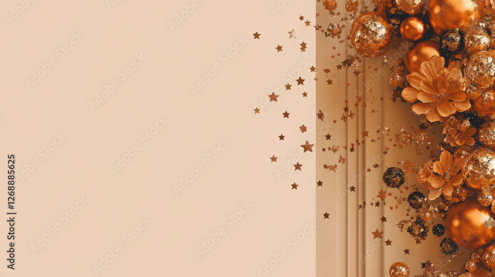 Fototapeta premium elegant copper and bronze christmas ornament arrangement with festive glitter stars and flowers on beige background for holiday decor theme