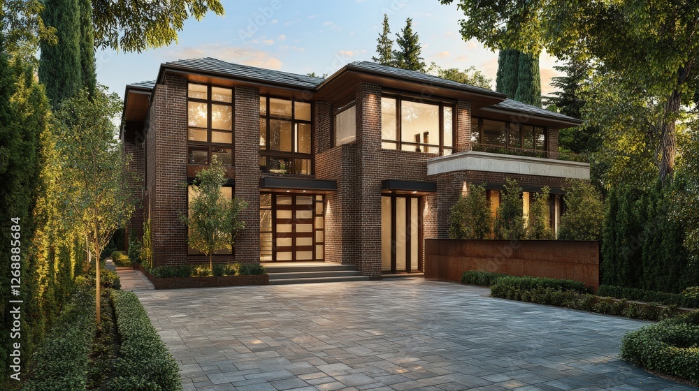 Obraz premium Modern brick house featuring slate roof and large driveway in a residential neighborhood