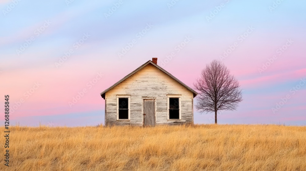 Abandoned House in Countryside Concept, Abandoned Rustic House with Creaking Door Surrounded by Tall Grass under a Colorful Sunset Sky Abandoned House in Countryside Concept, Abandoned Rustic House with Creaking Door Surrounded by Tall Grass under a Colorful Sunset Sky
