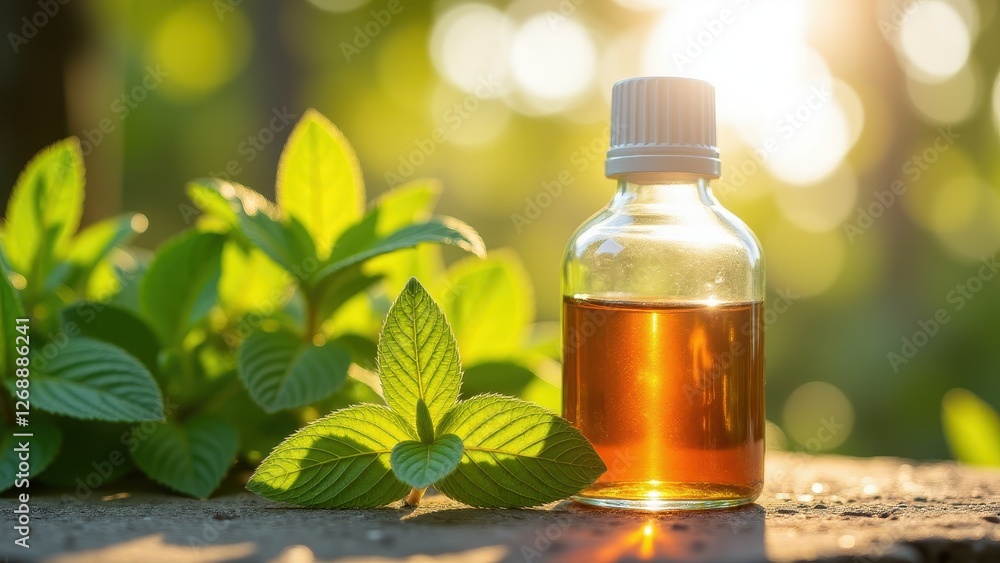 Cough syrup, Cough syrup bottle on a stone pedestal with mint leaves in a garden photorealistic. Cough syrup, Cough syrup bottle on a stone pedestal with mint leaves in a garden photorealistic.