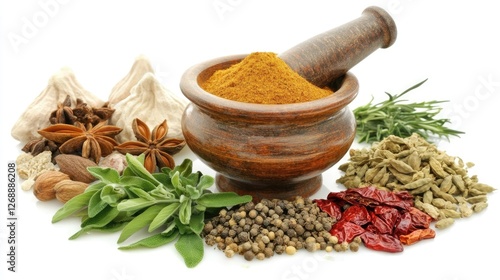 A traditional mortar and pestle with fresh herbs and spices being ground together