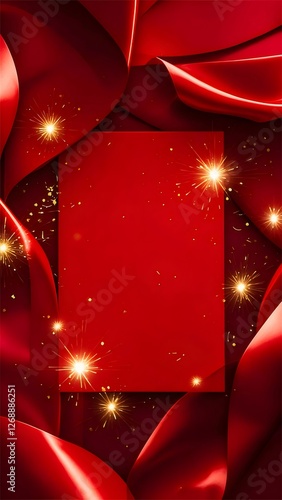 Red silk, card, sparkles, festive background, promo photo