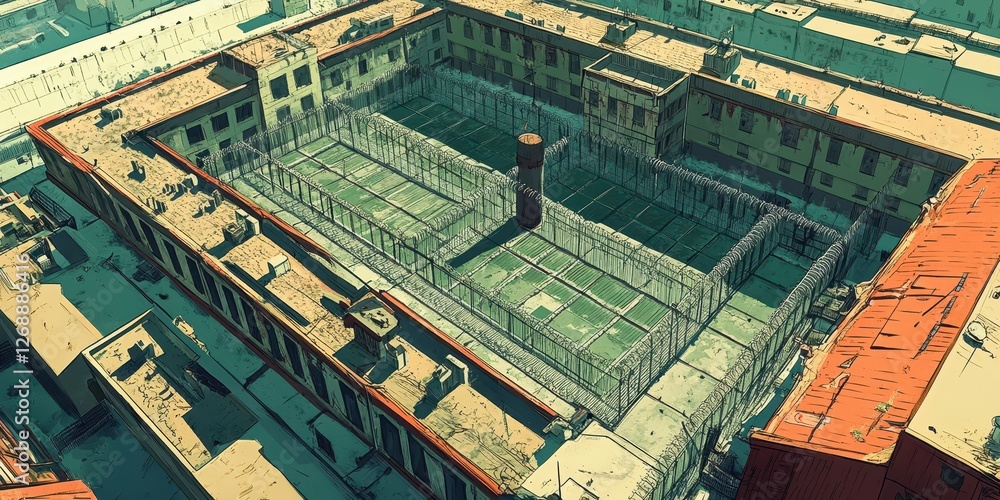 Fototapeta premium Aerial view of a prison complex with fenced courtyard