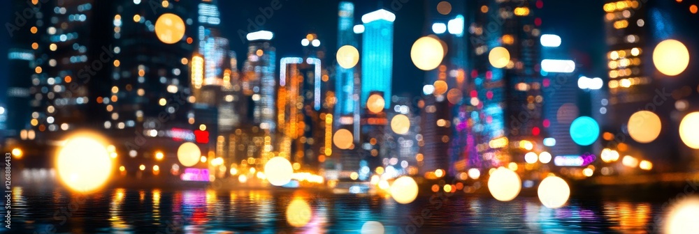 City Nightscape Reflection - Blurry city lights at night reflected in water, creating a vibrant and colorful bokeh effect. Perfect for backgrounds or urban themes City Nightscape Reflection - Blurry city lights at night reflected in water, creating a vibrant and colorful bokeh effect. Perfect for backgrounds or urban themes