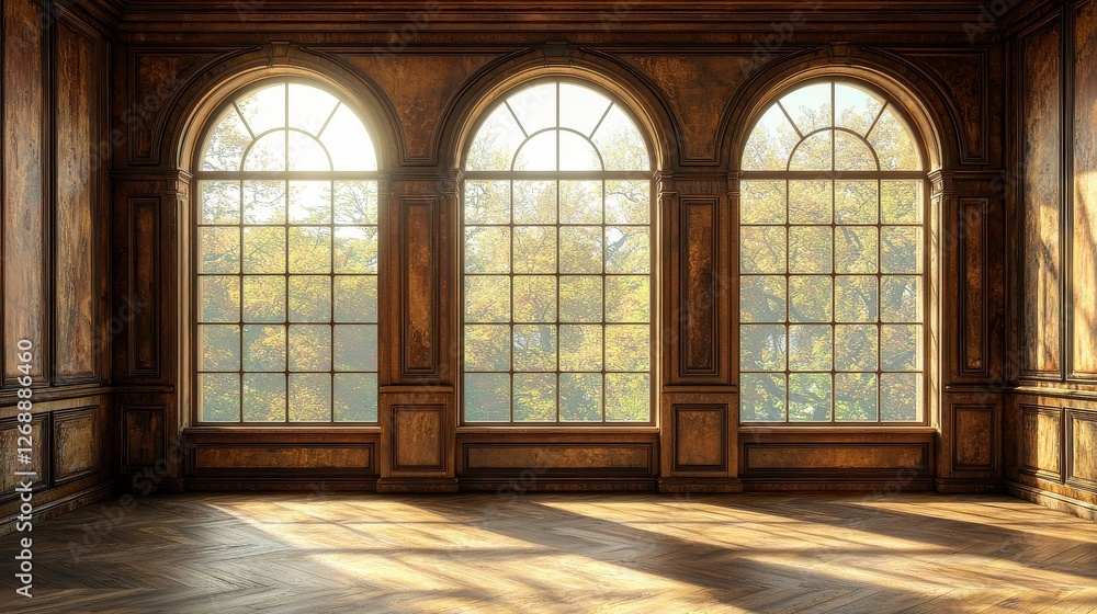 A sunlit room with three large arched windows, wooden accents, and a warm, inviting atmosphere, showcasing nature outside. A sunlit room with three large arched windows, wooden accents, and a warm, inviting atmosphere, showcasing nature outside.
