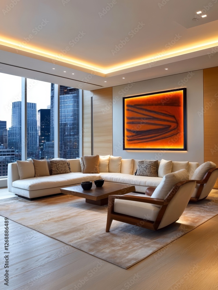 Fototapeta premium City View Living Room Modern Elegance - Modern sectional sofa, city skyline view, warm lighting, contemporary art, comfortable seating. Symbolizing luxury, comfort, modern design, urban living