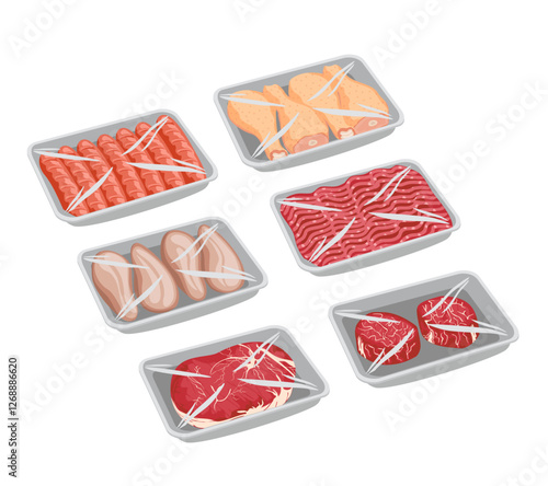 Cartoon meat trays. Keeping food in polyethylene whole package tray, plastic pack supermarket counter fresh sausages, minced meat, chicken legs, fillet, steak