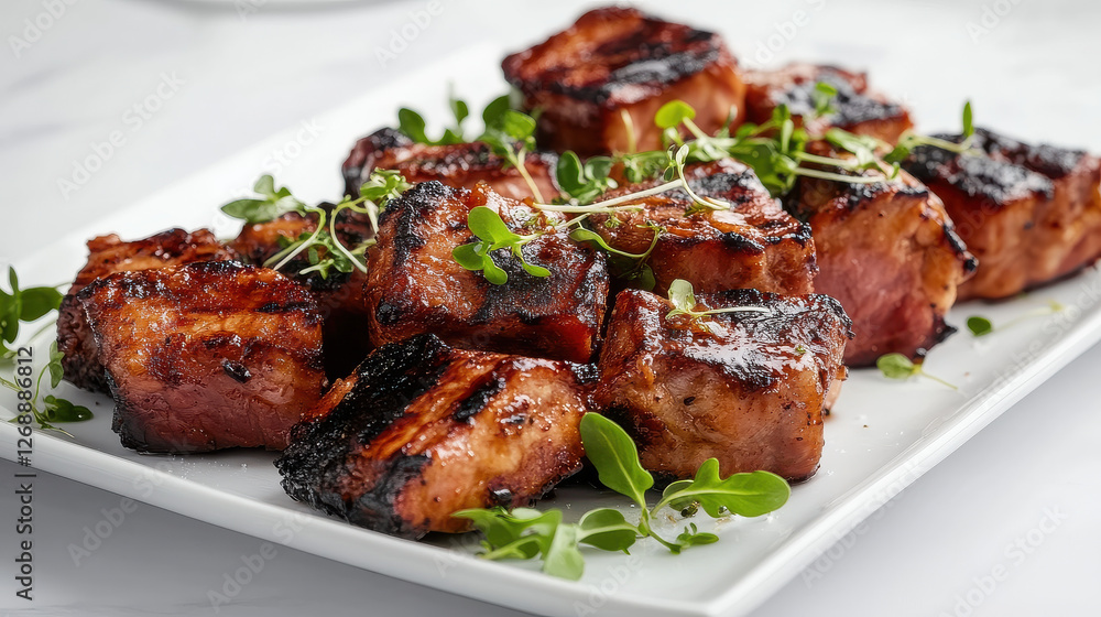 A meticulously shot plate of succulent grilled meat chunks with charred surfaces, delicate garnish of microgreens, placed on a simple light gray background A meticulously shot plate of succulent grilled meat chunks with charred surfaces, delicate garnish of microgreens, placed on a simple light gray background