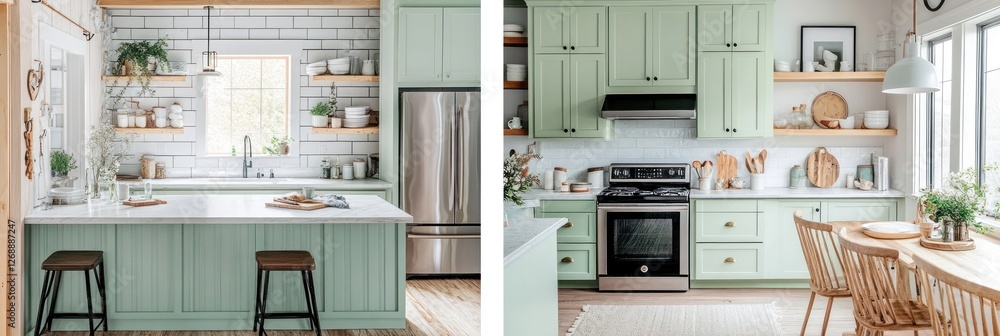 Light Green Kitchen With White Marble Island And Wooden Accents Light Green Kitchen With White Marble Island And Wooden Accents