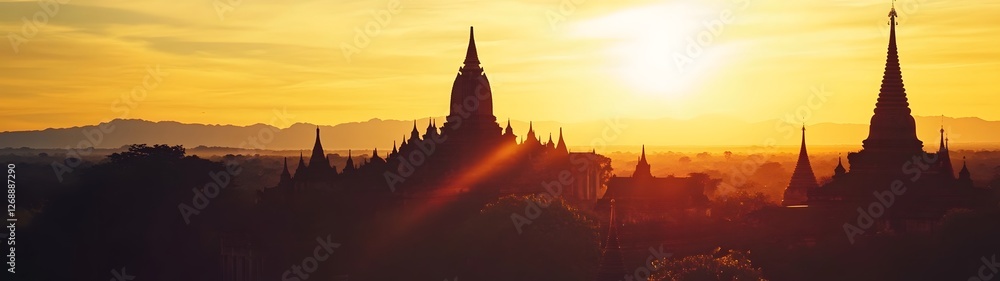 Breathtaking panoramic view of the sun setting over the iconic pagodas and temples of the ancient city of Bagan Myanmar Breathtaking panoramic view of the sun setting over the iconic pagodas and temples of the ancient city of Bagan Myanmar
