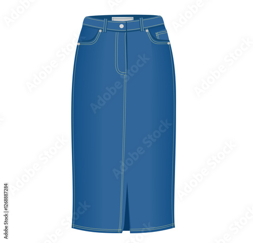 Denim midi skirt on a white background. Front view. Denim pencil skirt, midi lengths silhouette, front pockets, front slit. Mockup. flat illustration isolated on a white background