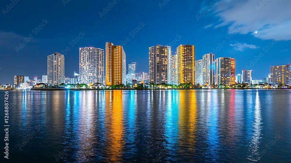 Naklejka premium Stunning Night View of City Skyline with Colorful Reflections